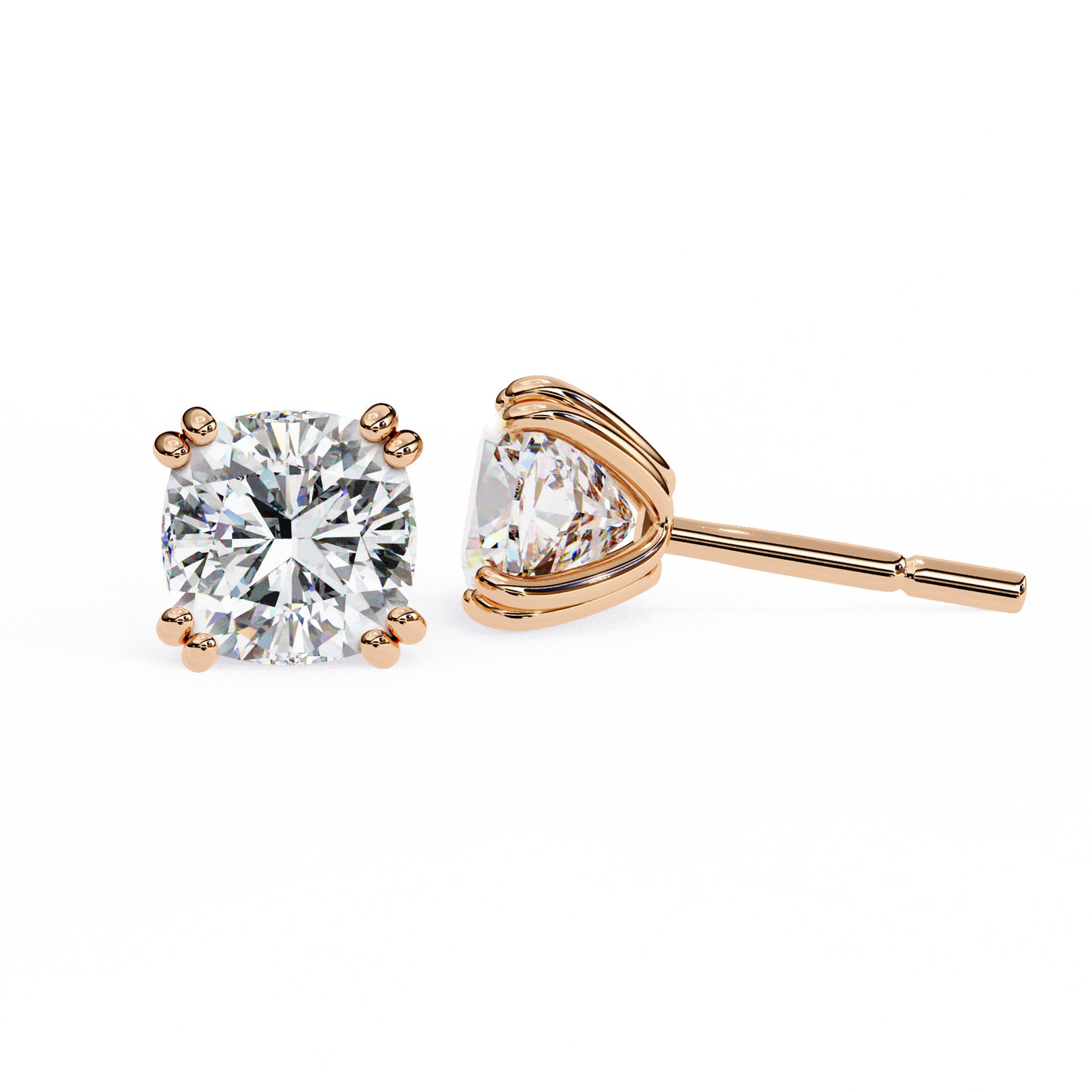 Front view of 14K rose gold cushion-cut lab-grown diamond stud earrings in a classic four-prong setting | kalptaruems usa