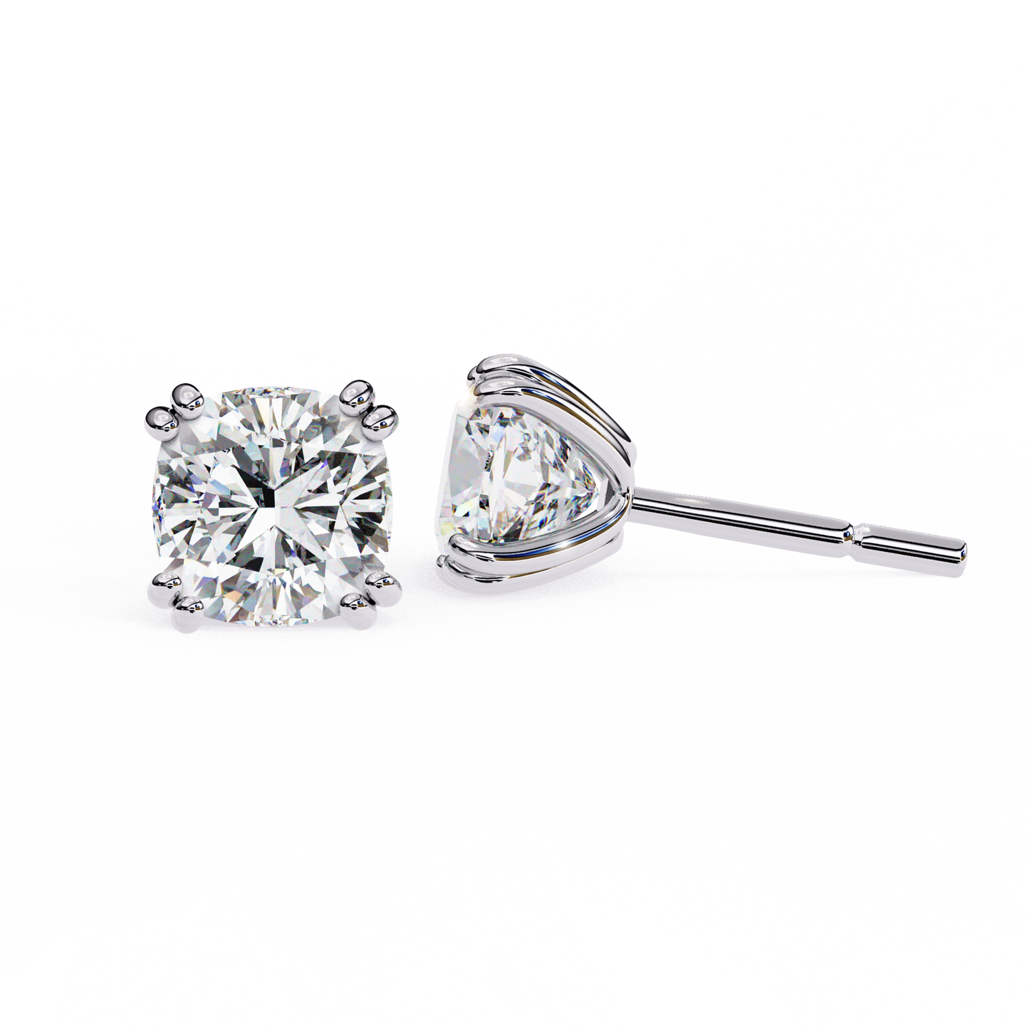 Front view of 14K white gold cushion-cut lab-grown diamond stud earrings with sparkling brilliance | kalptarugems usa
