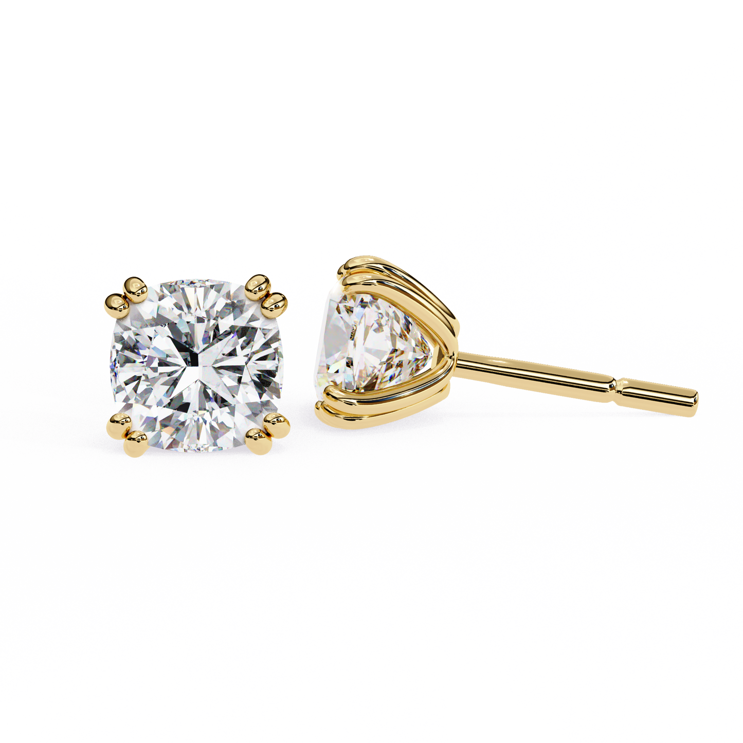 Front view of 14K yellow gold cushion-cut lab-grown diamond stud earrings in four-prong setting | kalptarugems usa