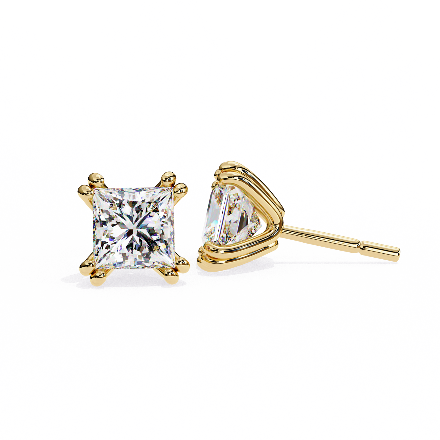 Front view of yellow gold princess-cut lab-grown diamond earrings in four-prong setting | Kalptaru Gems