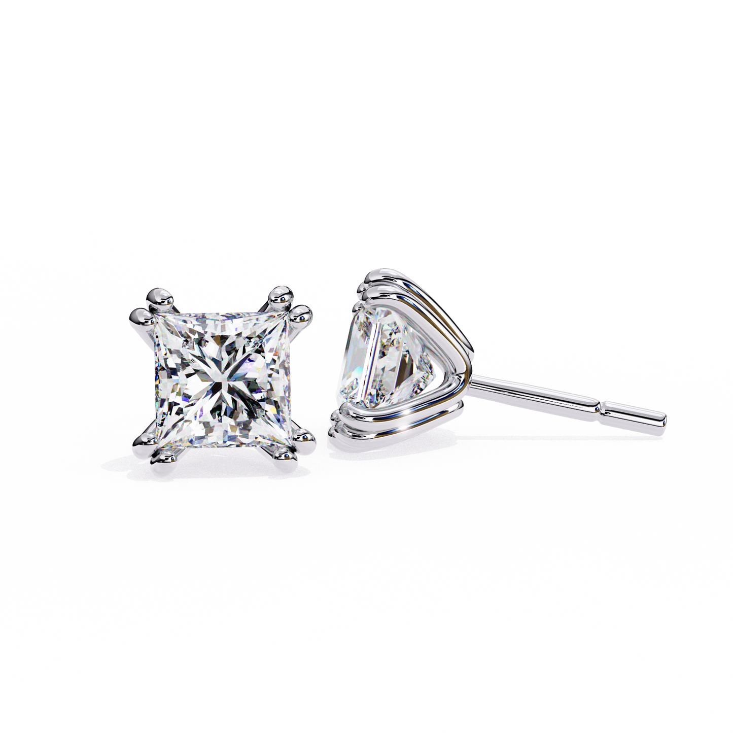 Front view of white gold princess-cut lab-grown diamond studs with high sparkle | Kalptaru Gems