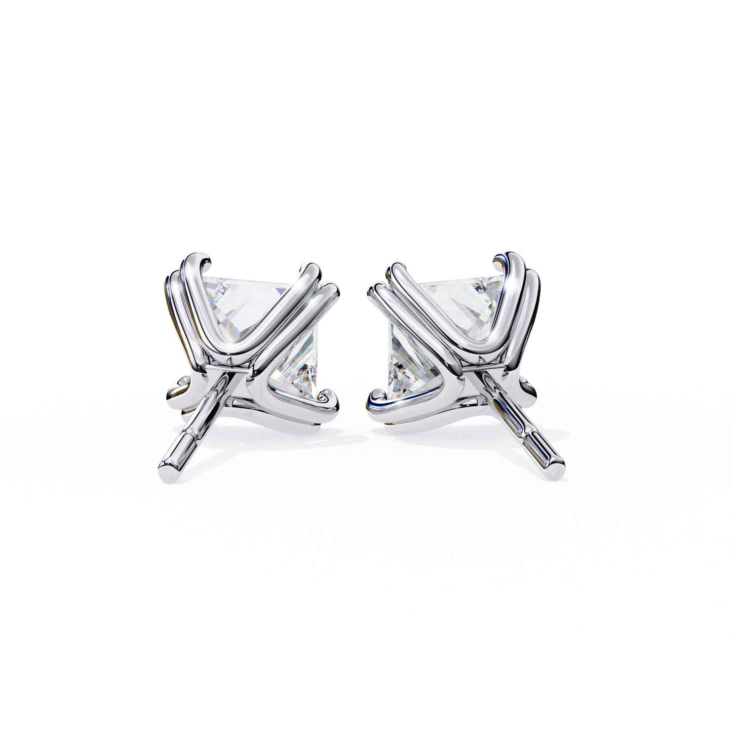 Back view of white gold diamond studs highlighting basket setting and clasp | Kalptaru Gems