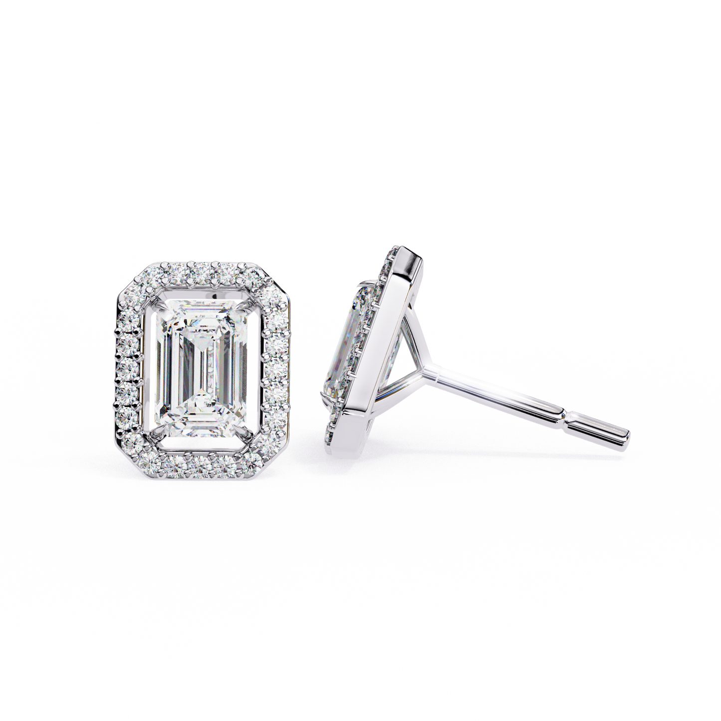 Lab-Grown Emerald-Cut Diamond Halo Earrings in 14kt White Gold | kalptaru Gems