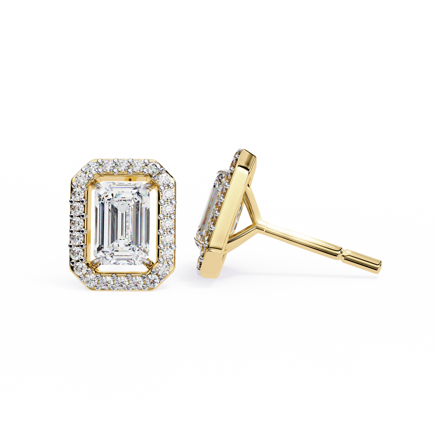 Lab-Grown Emerald-Cut Diamond Halo Earrings in 14kt Yellow Gold | kalptaru Gems