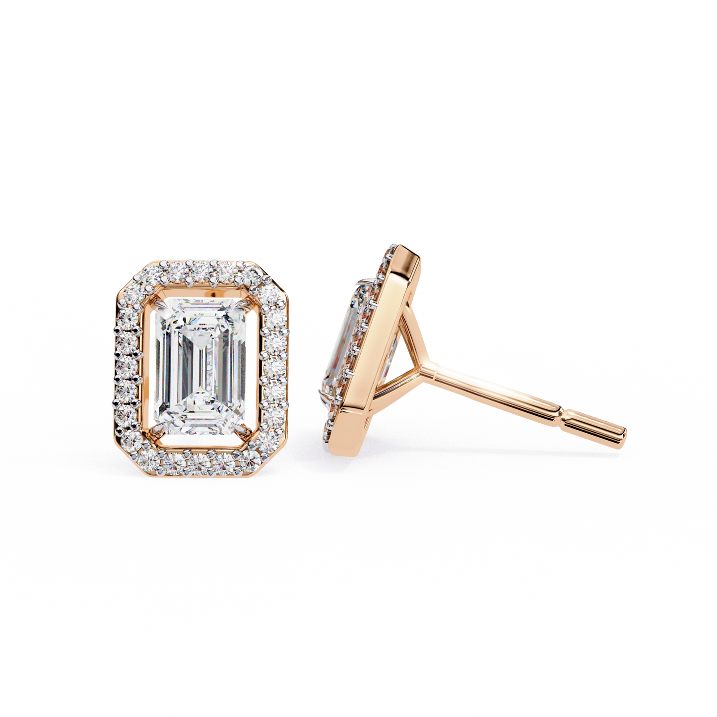 Lab-Grown Emerald-Cut Diamond Halo Earrings in 14kt Rose Gold | kalptaru Gems