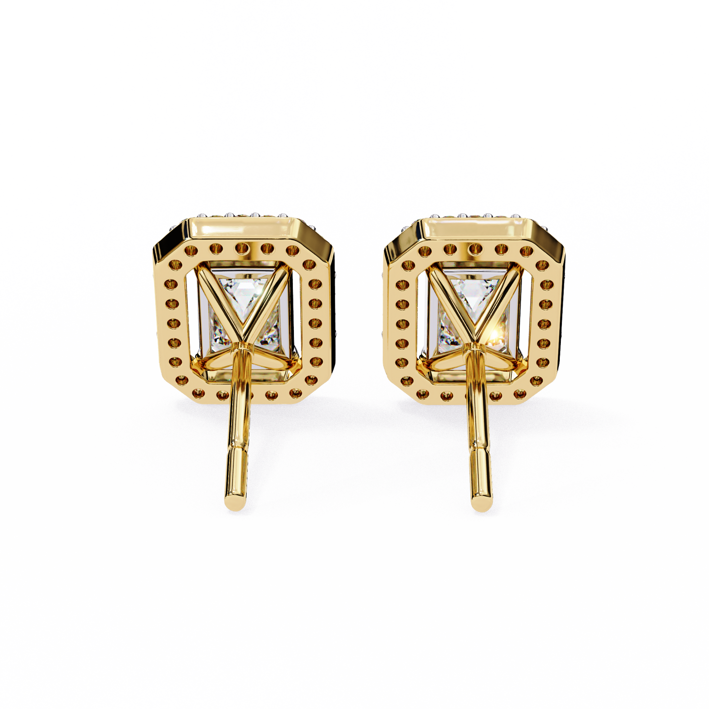 Back view of Lab-Grown Emerald-Cut Diamond Halo Earrings in Yellow Gold | Kalptaru Gems
