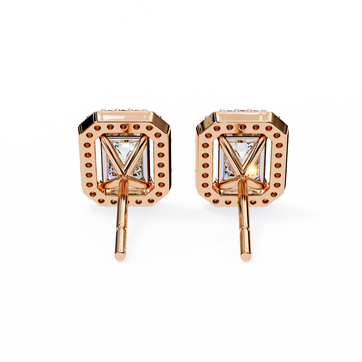 Back view of Lab-Grown Emerald-Cut Diamond Halo Earrings in Rose Gold | Kalptaru Gems