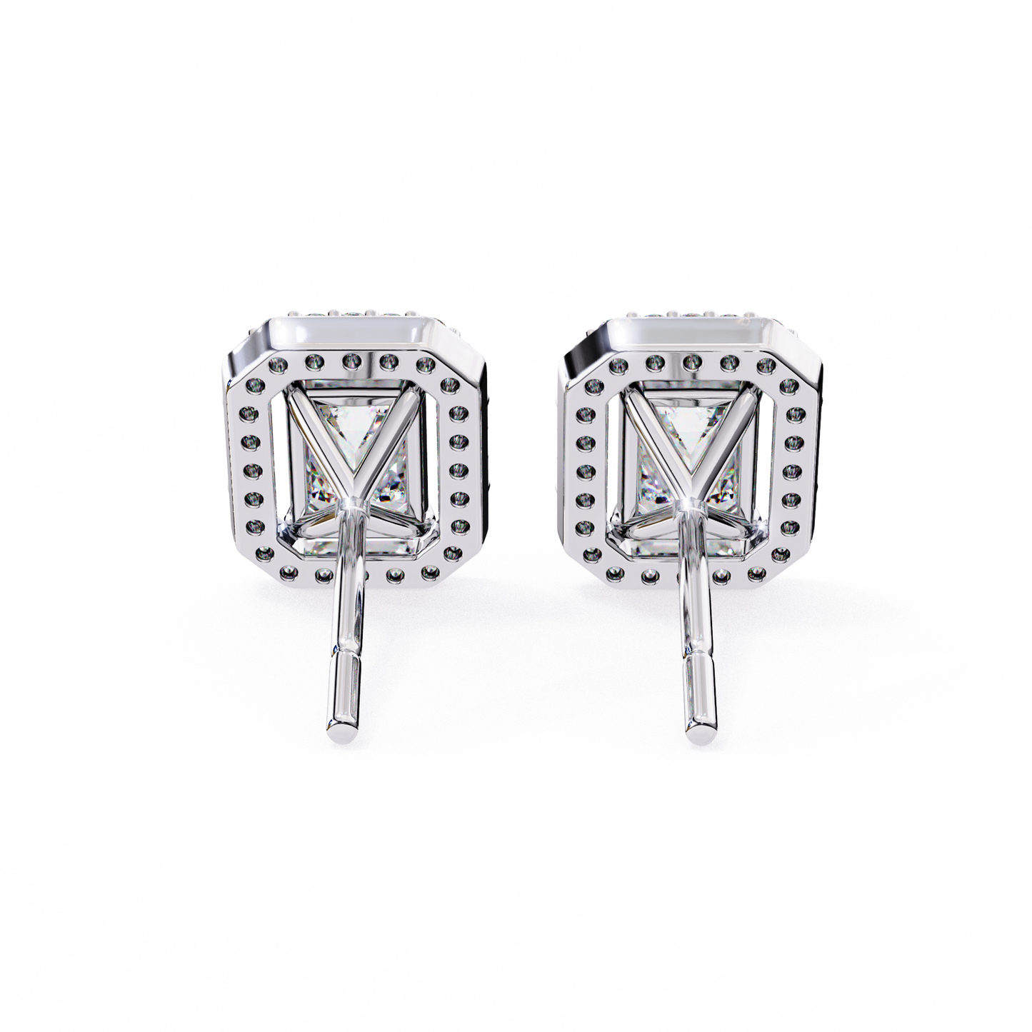 Back view of Lab-Grown Emerald-Cut Diamond Halo Earrings in White Gold | kalptaru Gems