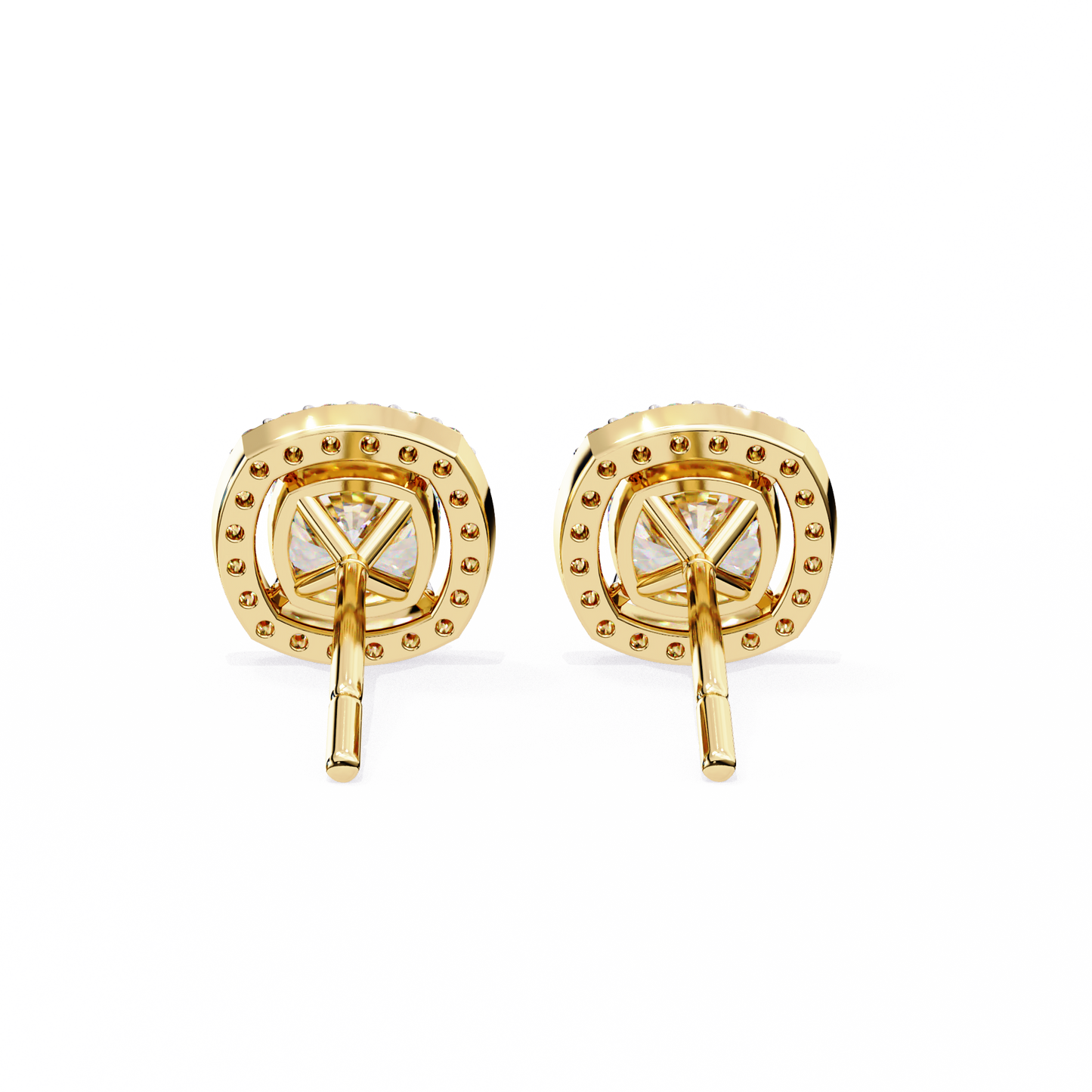 Back view of cushion cut diamond halo stud earrings in 14K yellow gold with secure post backing.
