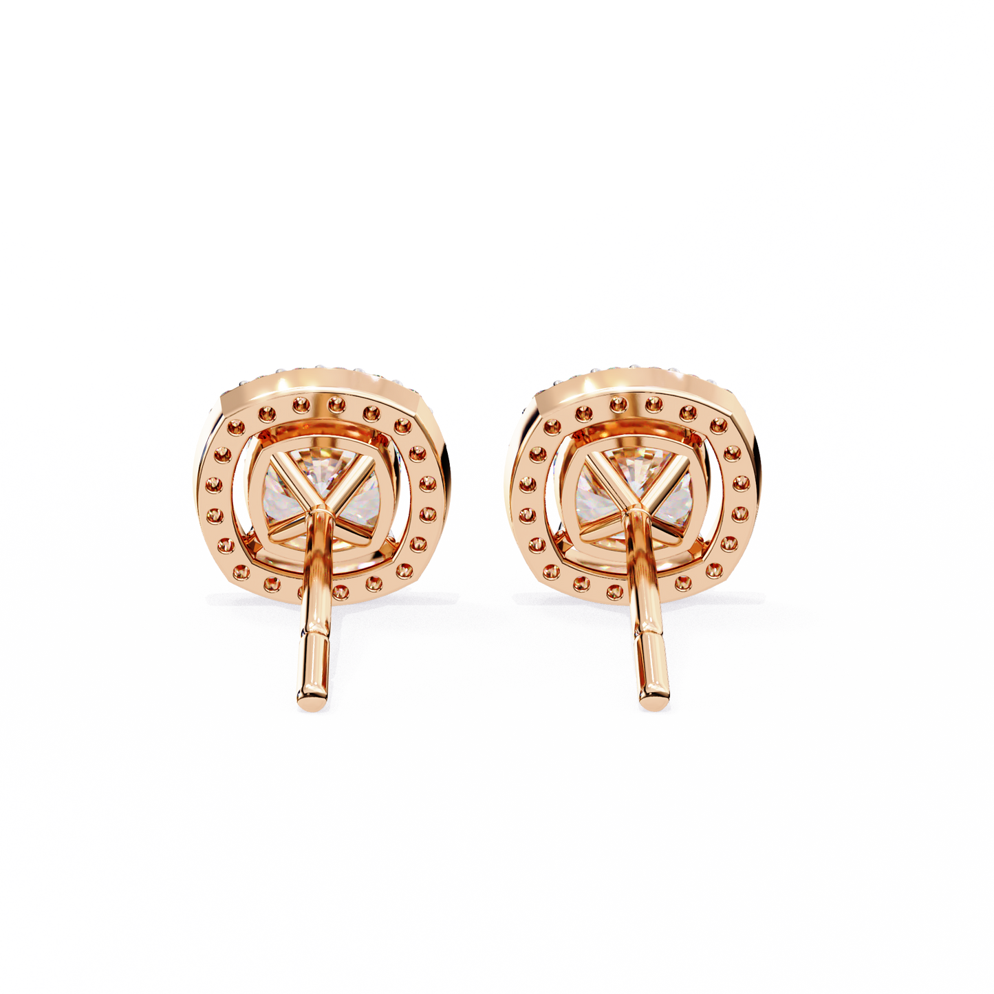 Back view of cushion cut diamond halo stud earrings in 14K rose gold with detailed craftsmanship.