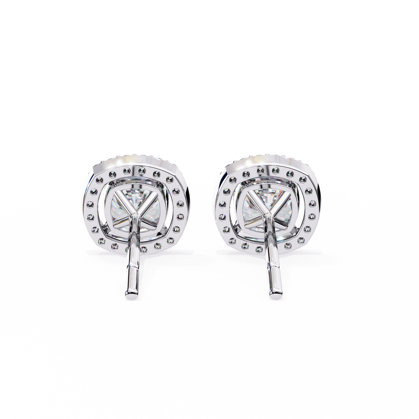 Back view of cushion cut diamond halo stud earrings in 14K white gold showing earring mount and post.