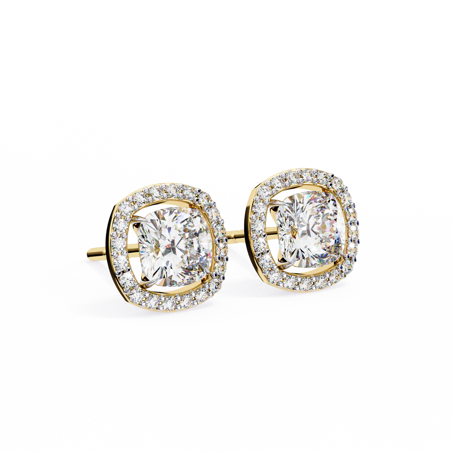 Front view of cushion cut diamond halo stud earrings in 14K yellow gold by Kalptaru Gems.