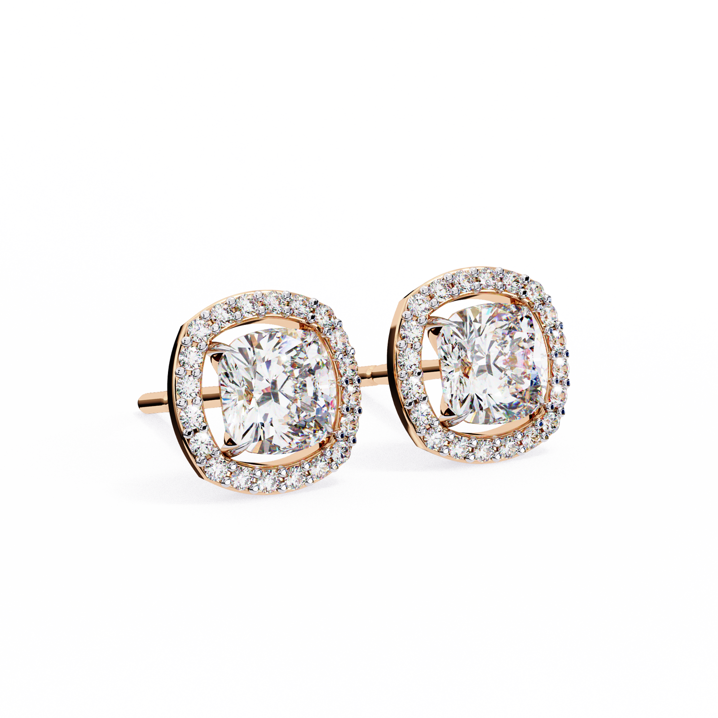 Front view of cushion cut diamond halo stud earrings in 14K rose gold with brilliant center stones.