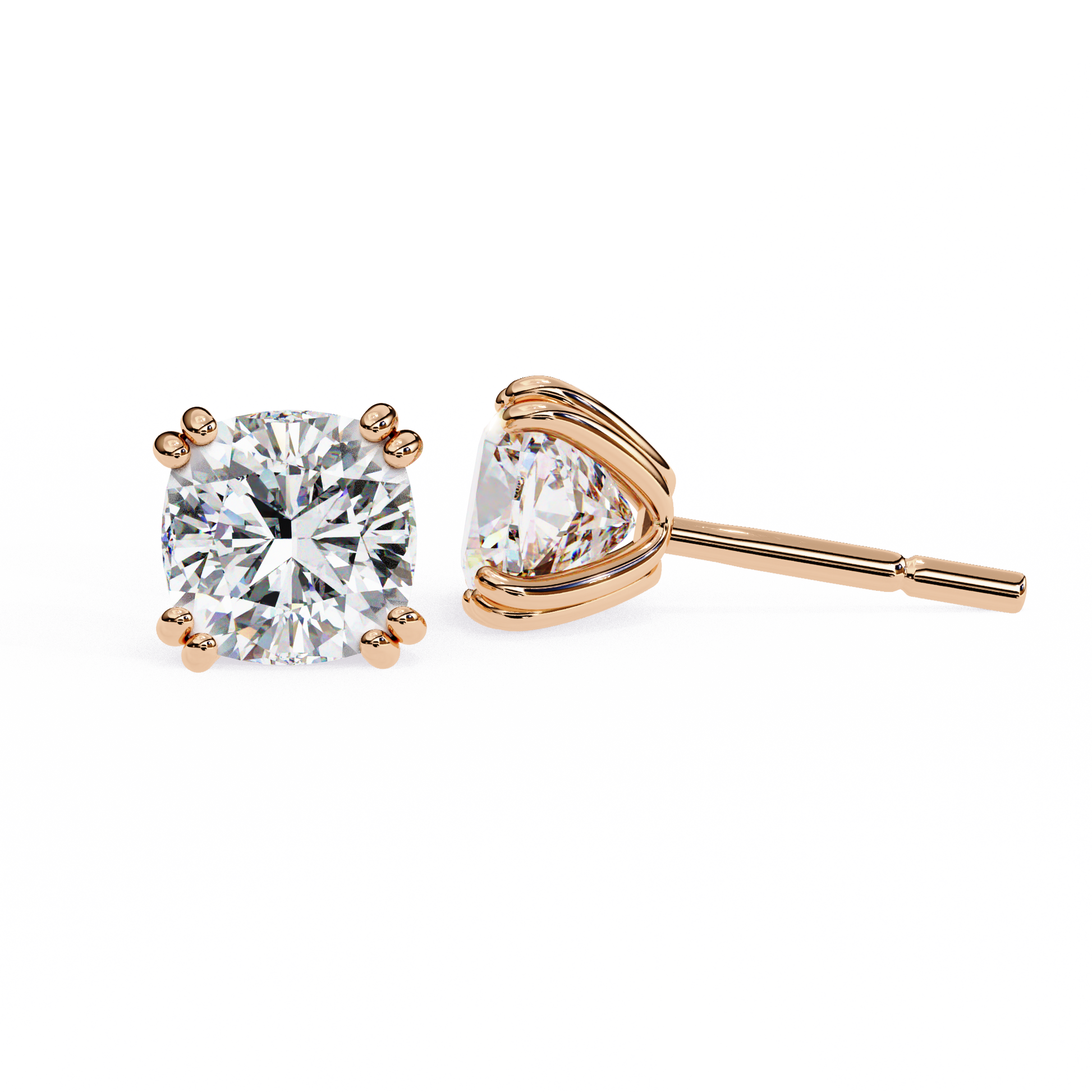 Front view of 14K rose gold cushion-cut lab-grown diamond stud earrings in a classic four-prong setting | kalptaruems usa