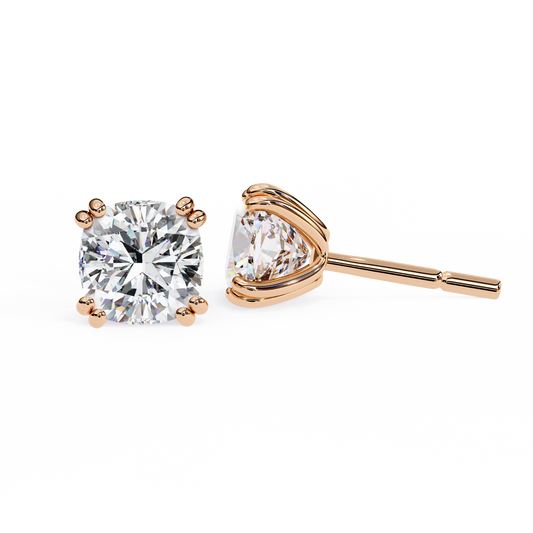 Front view of 14K rose gold cushion-cut lab-grown diamond stud earrings in a classic four-prong setting | kalptaruems usa
