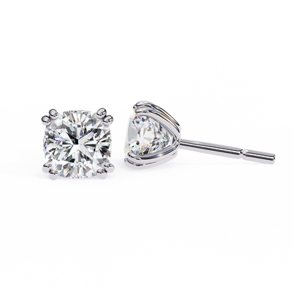Front view of 14K white gold cushion-cut lab-grown diamond stud earrings with sparkling brilliance | kalptarugems usa