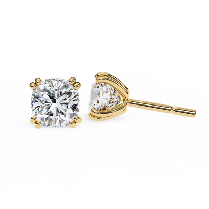 Front view of 14K yellow gold cushion-cut lab-grown diamond stud earrings in four-prong setting | kalptarugems usa