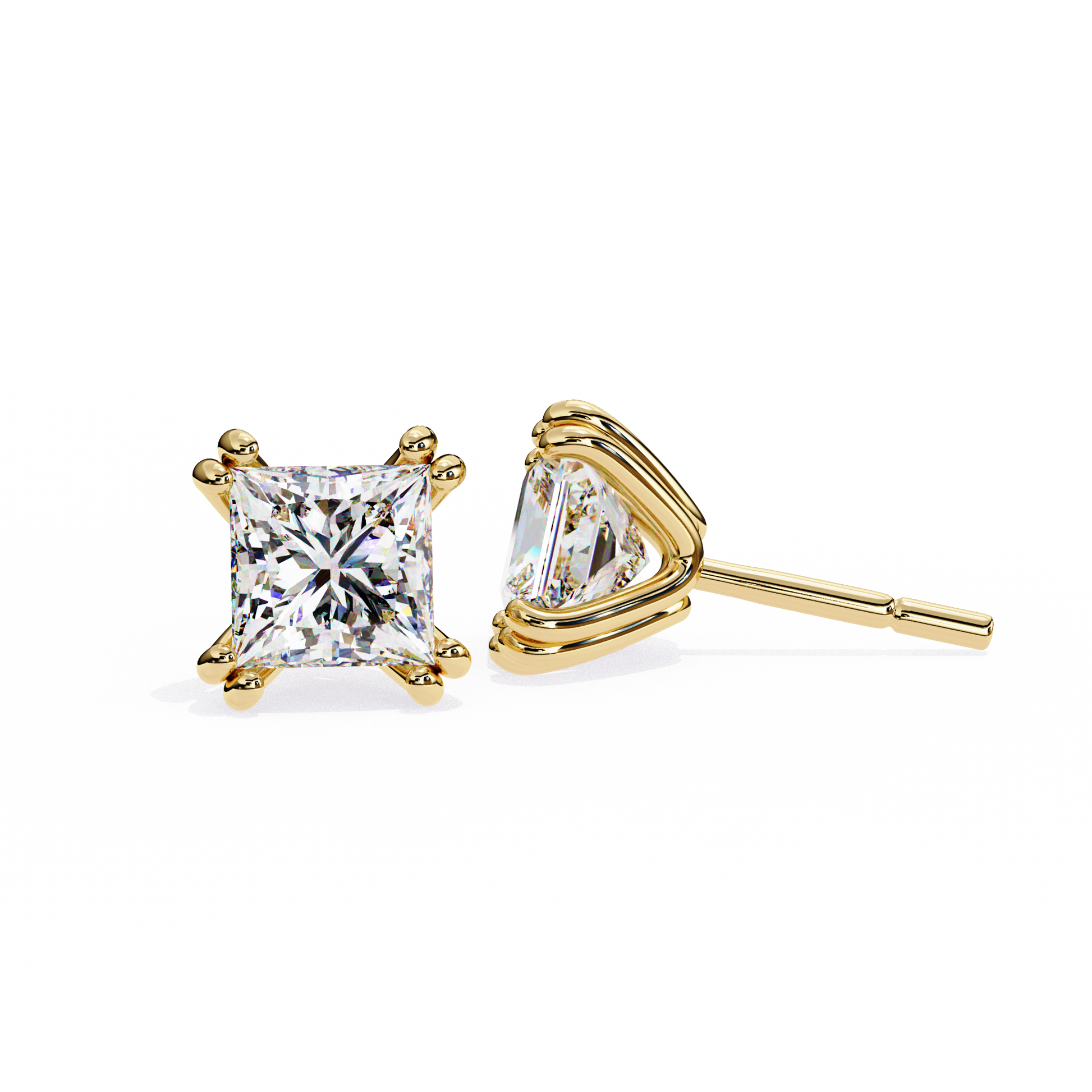 Front view of yellow gold princess-cut lab-grown diamond earrings in four-prong setting | Kalptaru Gems