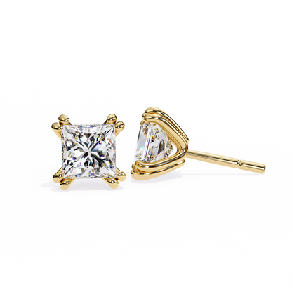 Front view of yellow gold princess-cut lab-grown diamond earrings in four-prong setting | Kalptaru Gems