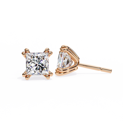 Front view of rose gold princess-cut lab-grown diamond stud earrings in four-prong basket setting | Kalptaru Gems