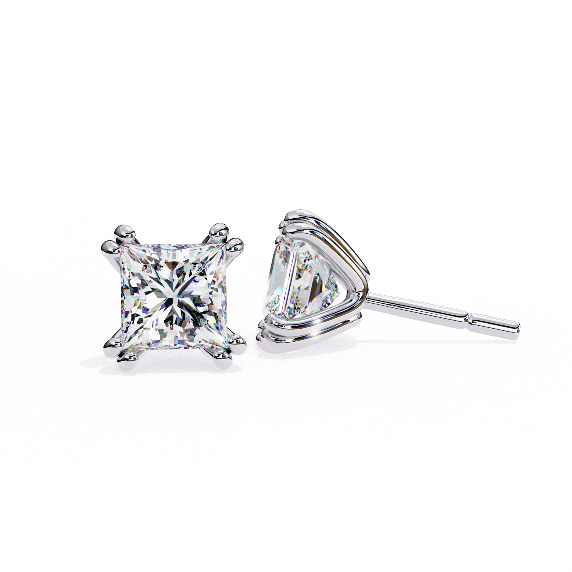 Front view of white gold princess-cut lab-grown diamond studs with high sparkle | Kalptaru Gems