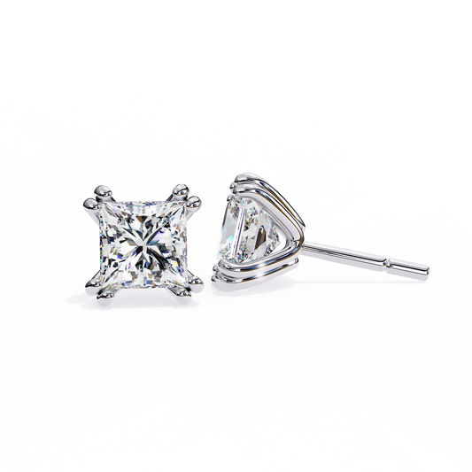 Front view of white gold princess-cut lab-grown diamond studs with high sparkle | Kalptaru Gems