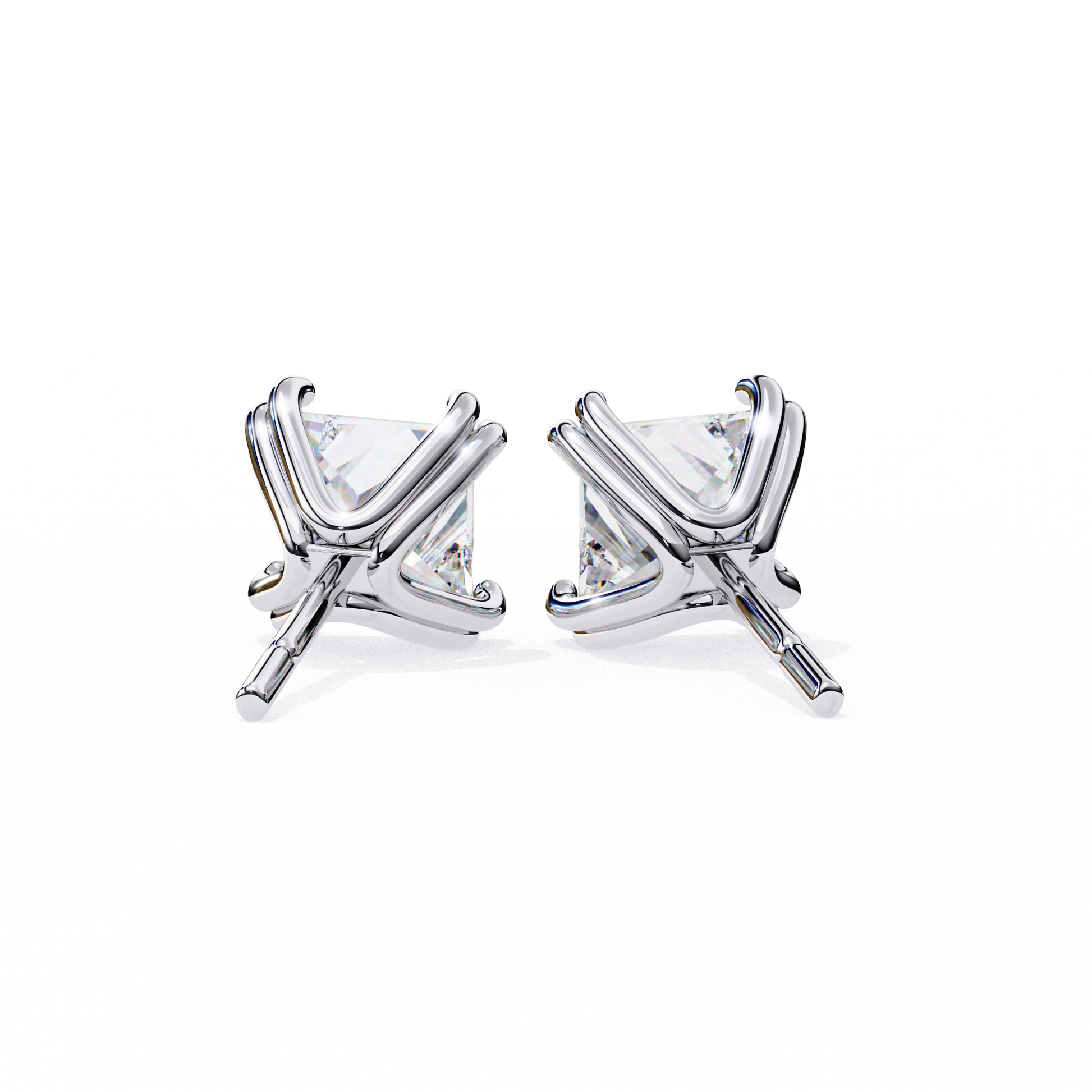 Back view of white gold diamond studs highlighting basket setting and clasp | Kalptaru Gems