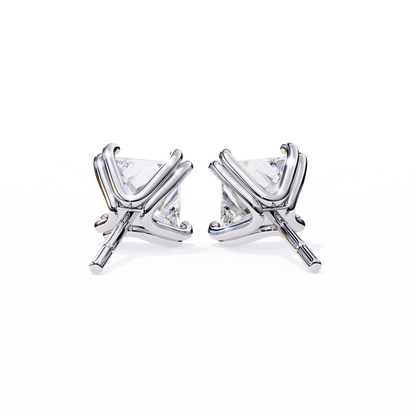 Back view of white gold diamond studs highlighting basket setting and clasp | Kalptaru Gems