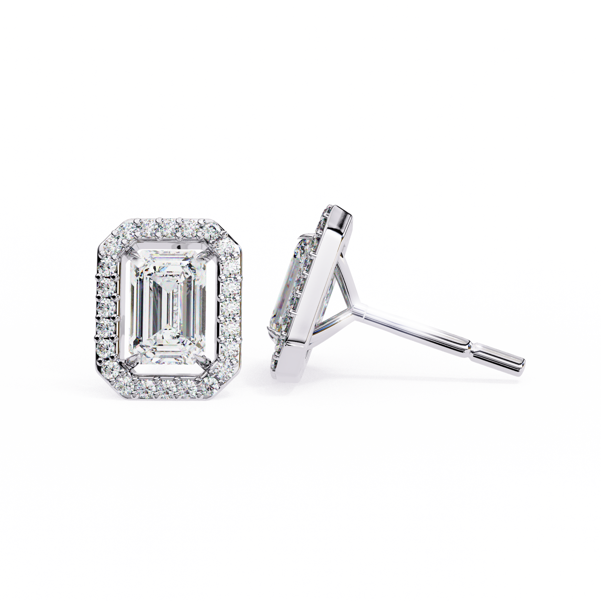 Lab-Grown Emerald-Cut Diamond Halo Earrings in 14kt White Gold | kalptaru Gems