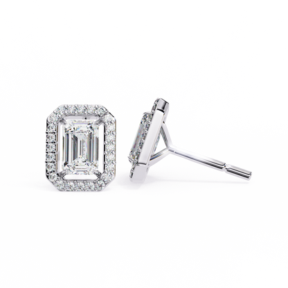Lab-Grown Emerald-Cut Diamond Halo Earrings in 14kt White Gold | kalptaru Gems