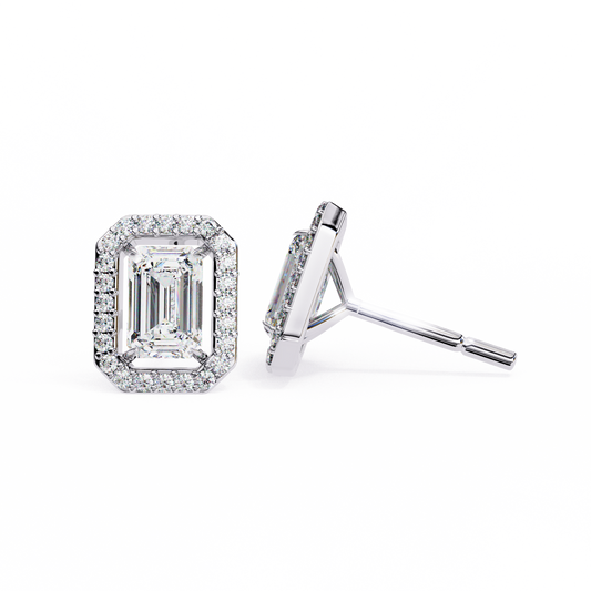 Lab-Grown Emerald-Cut Diamond Halo Earrings in 14kt White Gold | kalptaru Gems