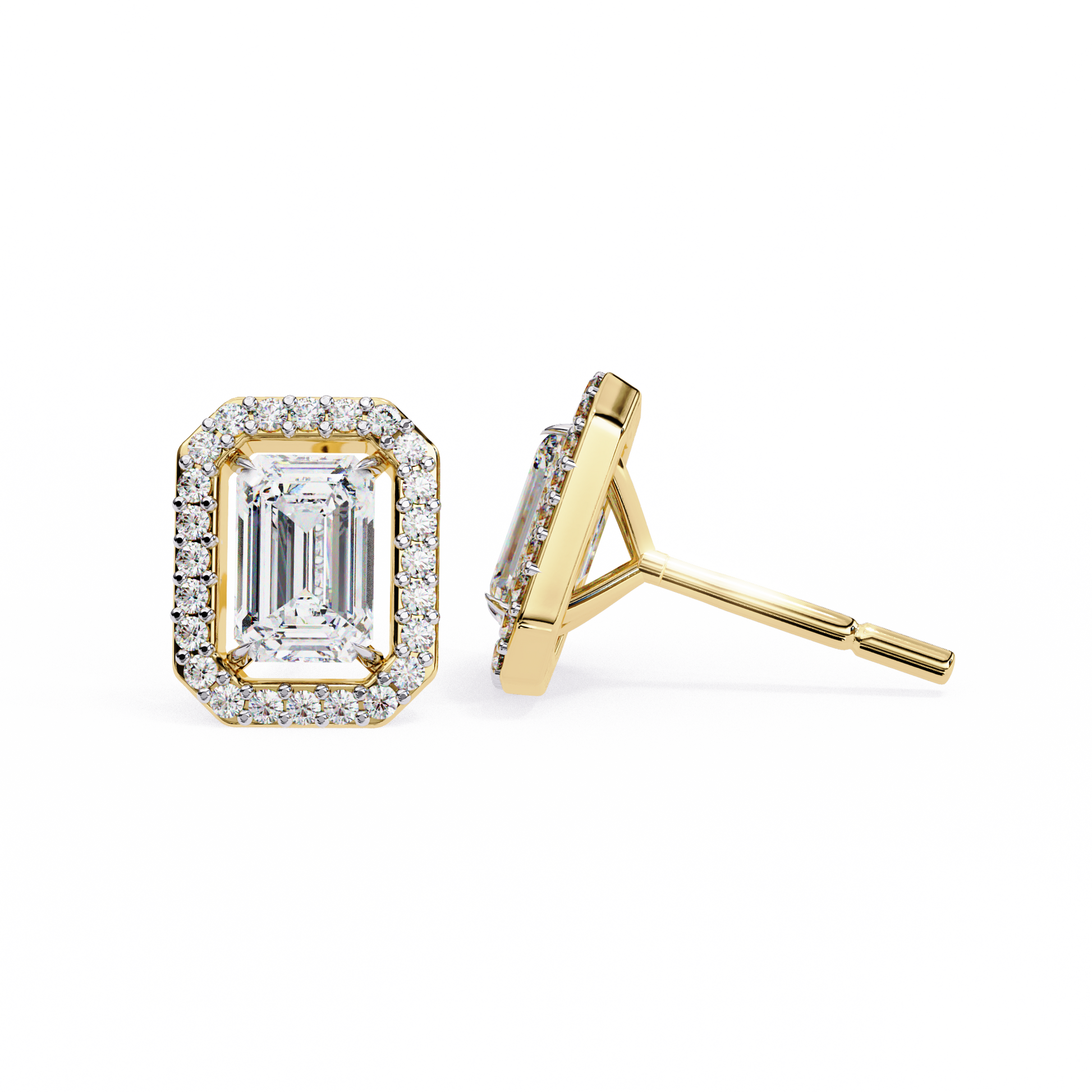 Lab-Grown Emerald-Cut Diamond Halo Earrings in 14kt Yellow Gold | kalptaru Gems