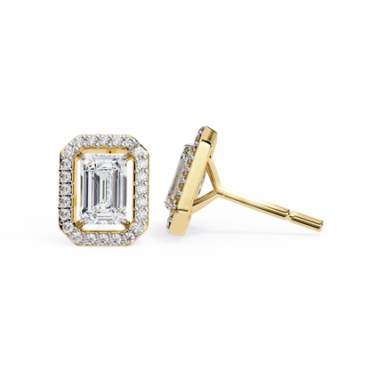 Lab-Grown Emerald-Cut Diamond Halo Earrings in 14kt Yellow Gold | kalptaru Gems