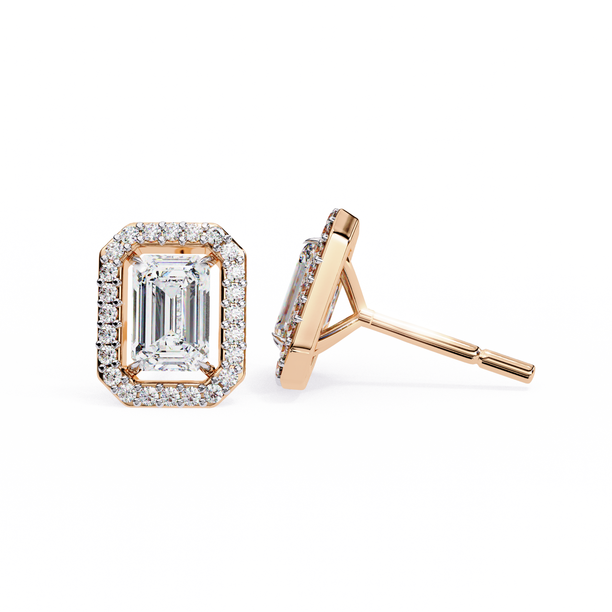 Lab-Grown Emerald-Cut Diamond Halo Earrings in 14kt Rose Gold | kalptaru Gems