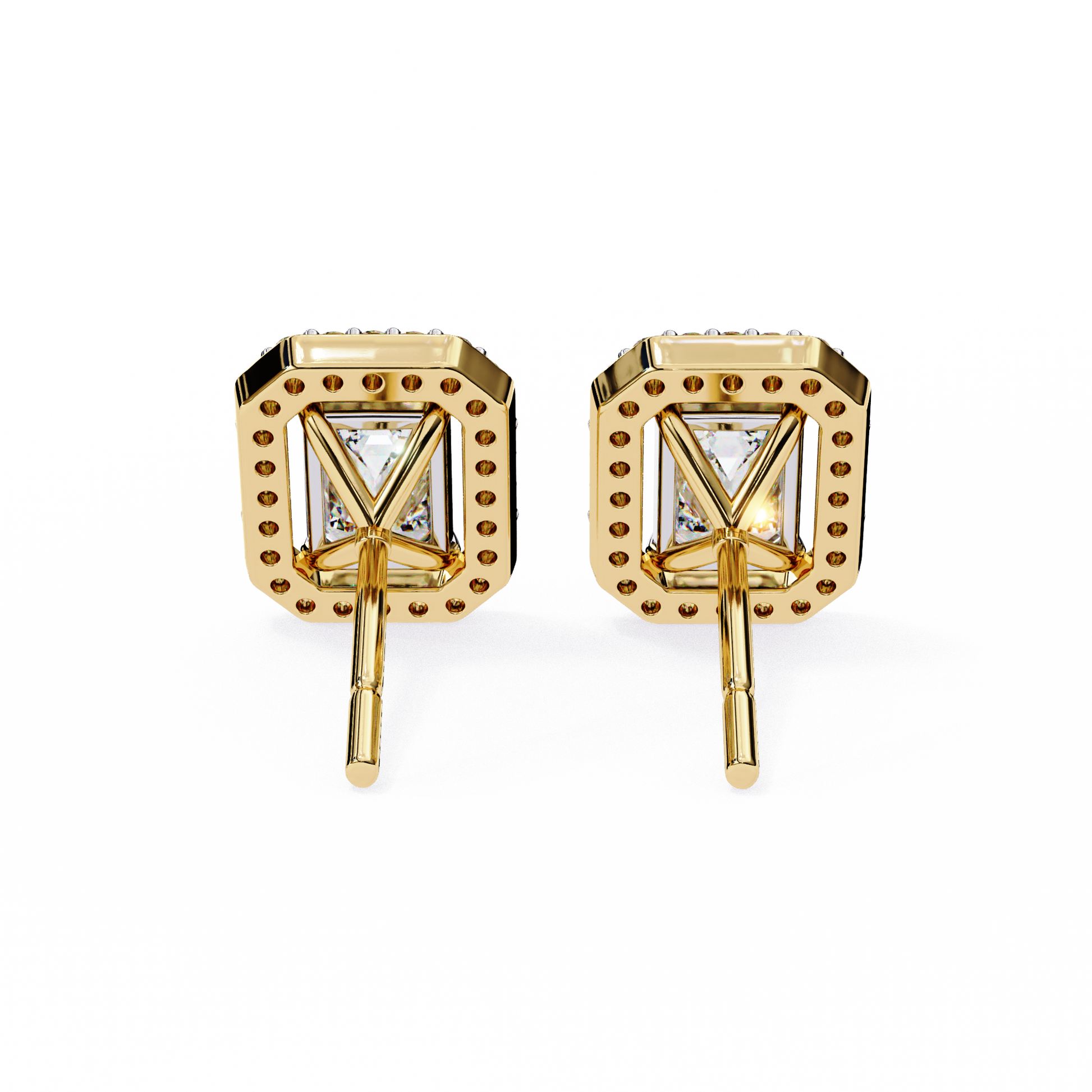 Back view of Lab-Grown Emerald-Cut Diamond Halo Earrings in Yellow Gold | Kalptaru Gems