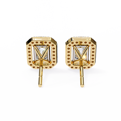 Back view of Lab-Grown Emerald-Cut Diamond Halo Earrings in Yellow Gold | Kalptaru Gems
