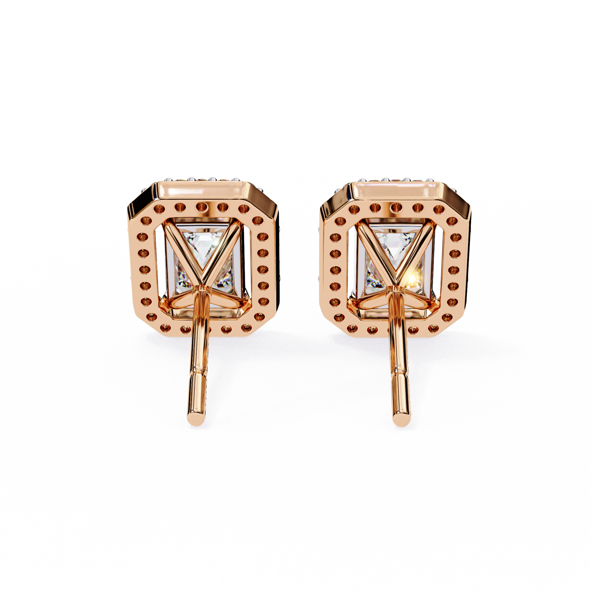 Back view of Lab-Grown Emerald-Cut Diamond Halo Earrings in Rose Gold | Kalptaru Gems