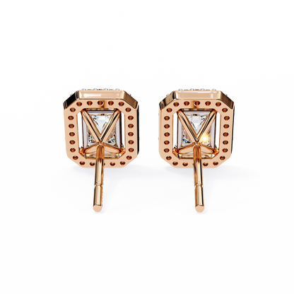 Back view of Lab-Grown Emerald-Cut Diamond Halo Earrings in Rose Gold | Kalptaru Gems