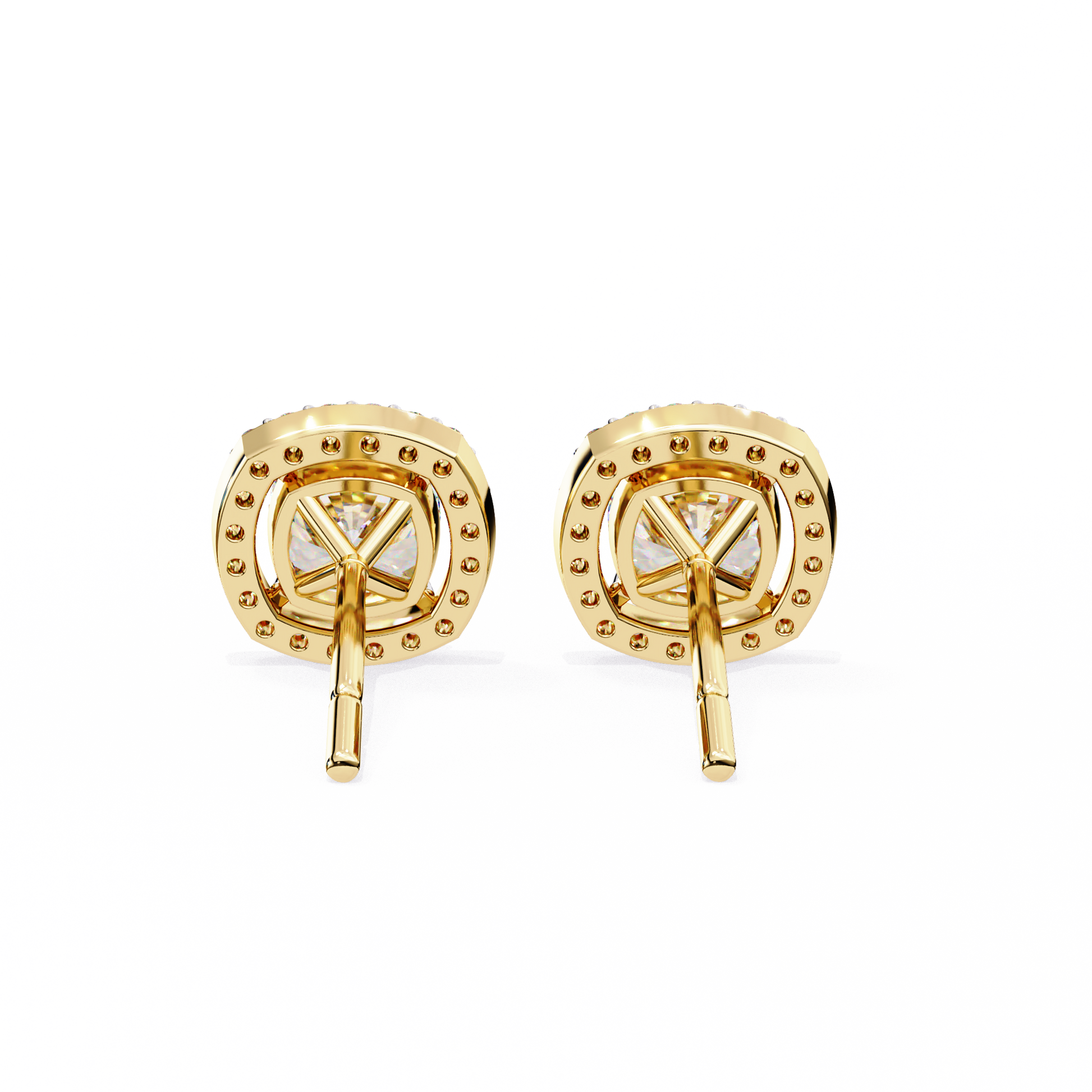 Back view of cushion cut diamond halo stud earrings in 14K yellow gold with secure post backing.