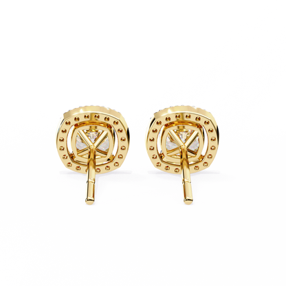 Back view of cushion cut diamond halo stud earrings in 14K yellow gold with secure post backing.
