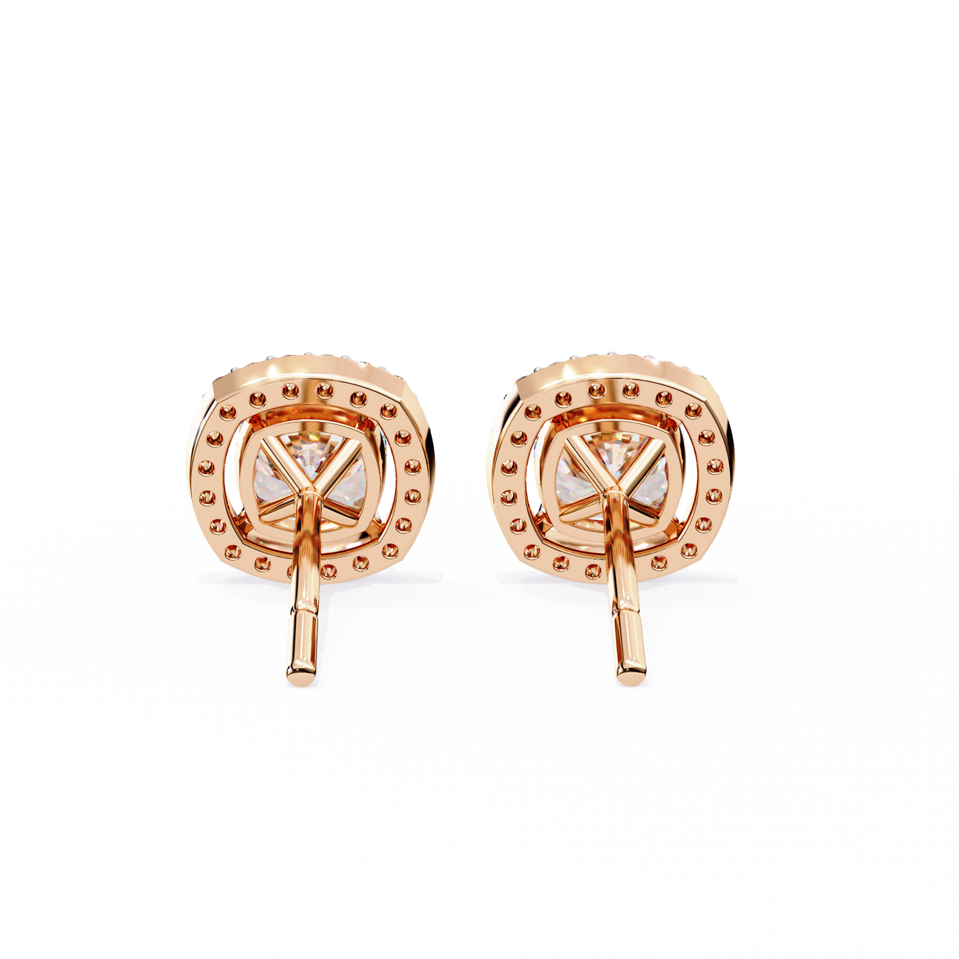 Back view of cushion cut diamond halo stud earrings in 14K rose gold with detailed craftsmanship.