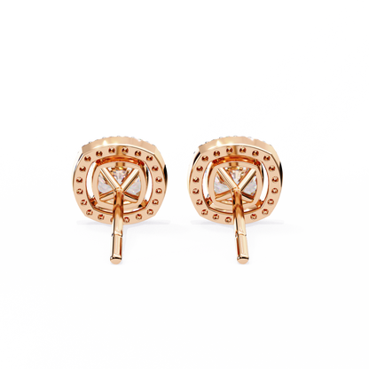 Back view of cushion cut diamond halo stud earrings in 14K rose gold with detailed craftsmanship.
