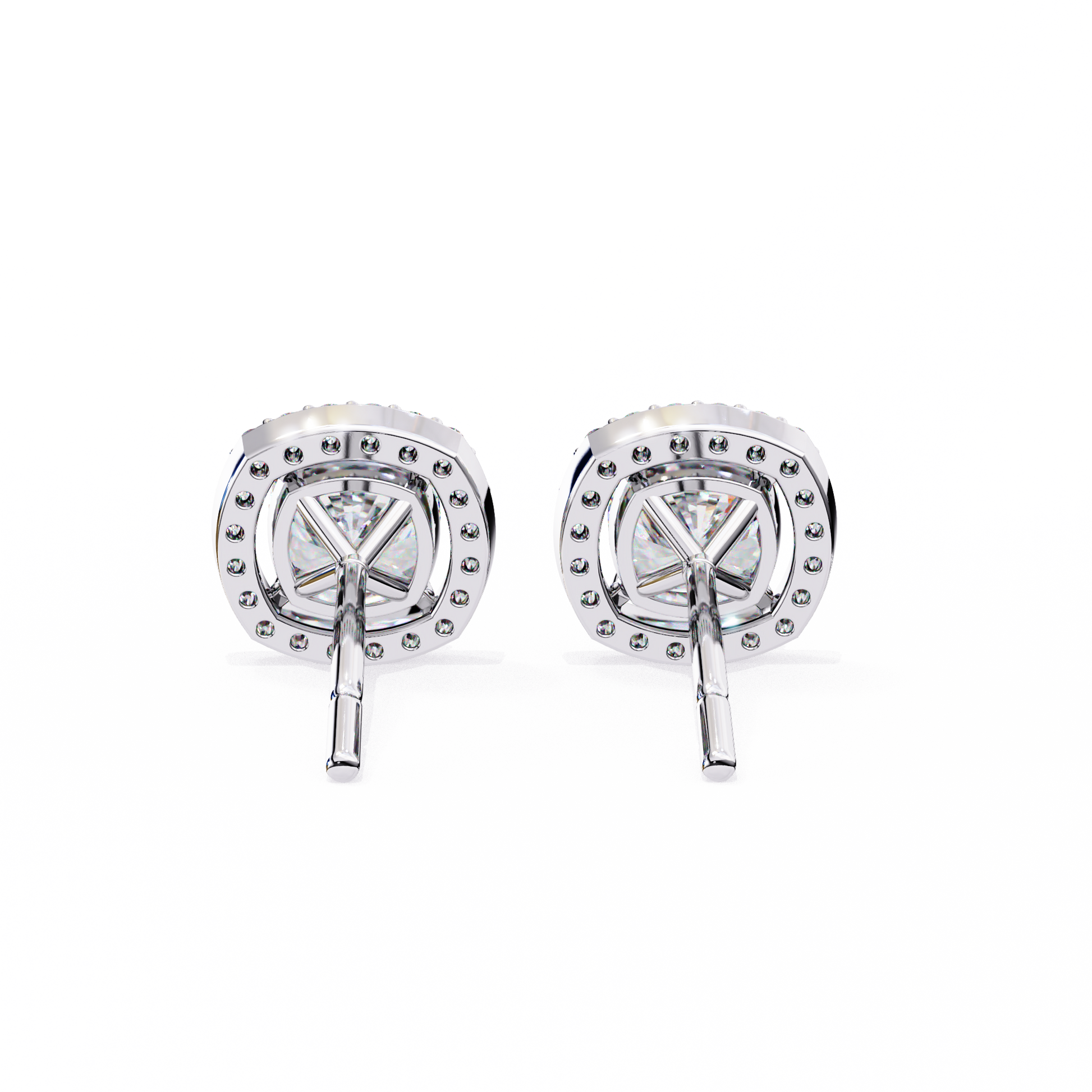 Back view of cushion cut diamond halo stud earrings in 14K white gold showing earring mount and post.