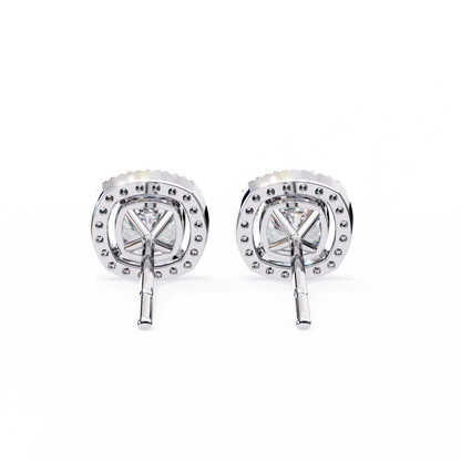 Back view of cushion cut diamond halo stud earrings in 14K white gold showing earring mount and post.
