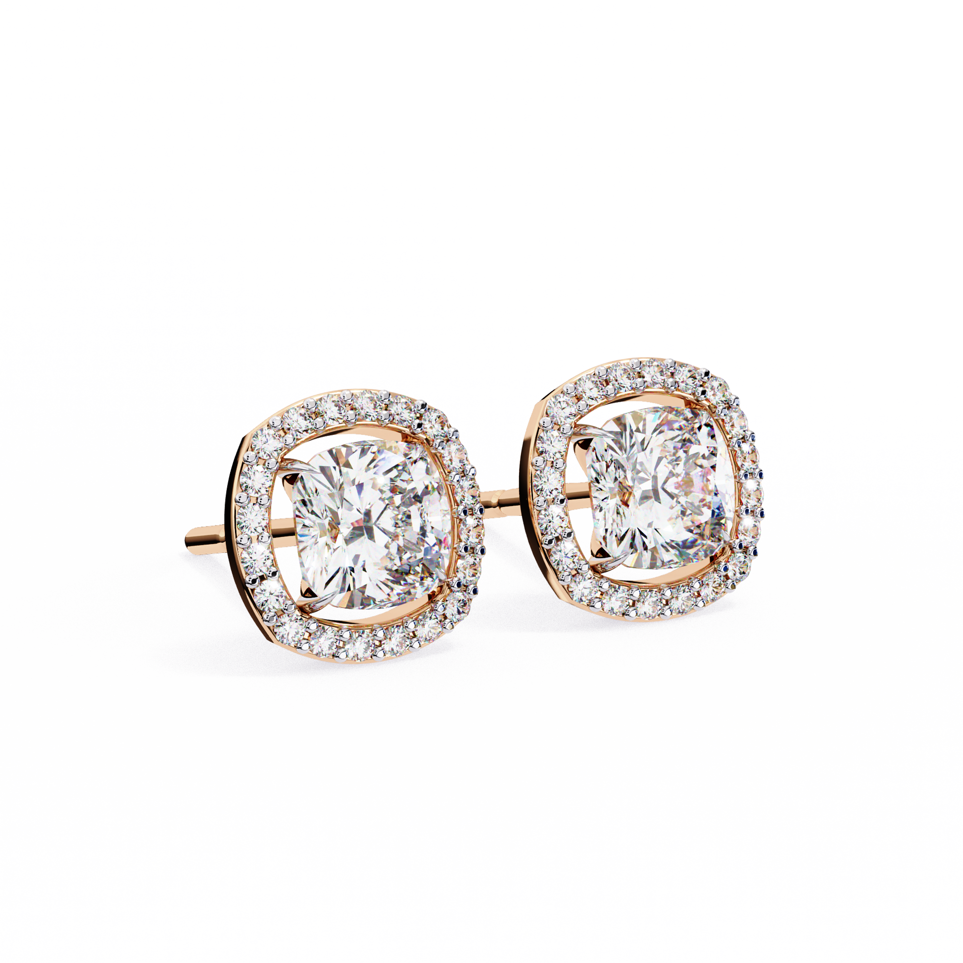 Front view of cushion cut diamond halo stud earrings in 14K rose gold with brilliant center stones.