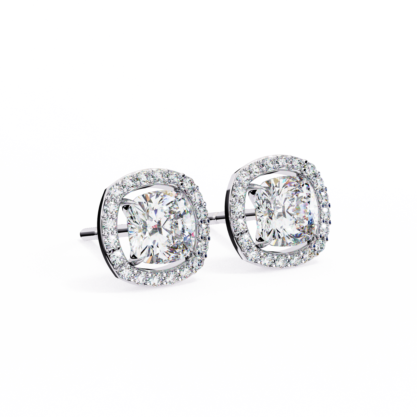 Front view of cushion cut diamond halo stud earrings in 14K white gold by Kalptaru Gems.
