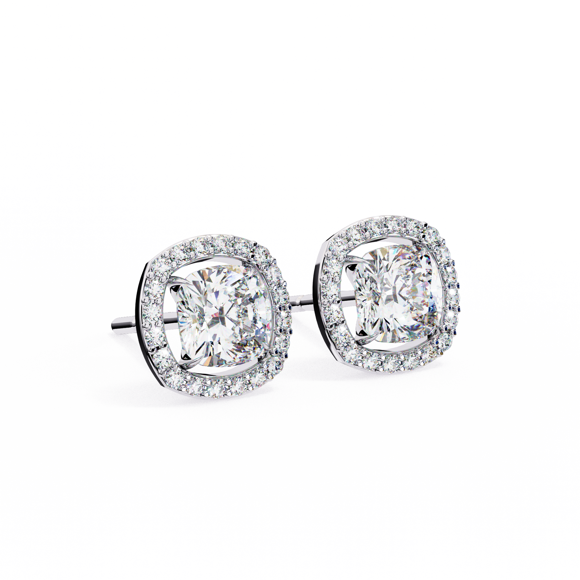 Front view of cushion cut diamond halo stud earrings in 14K white gold by Kalptaru Gems.