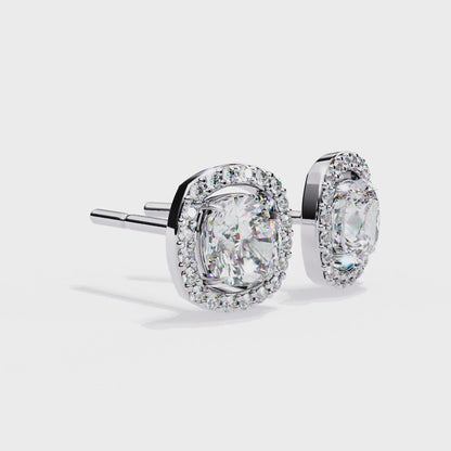 360-degree video of cushion cut diamond halo stud earrings in 14K gold by Kalptaru Gems showcasing front and back in white, yellow, and rose gold.